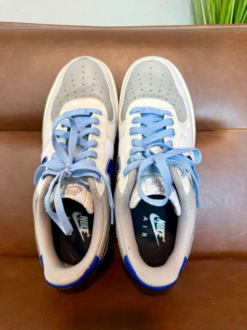 Nike Air Force 1, blue swoosh, grey panels, gum sole, Size 9M